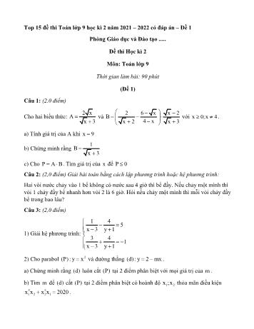 15 Đề thi học kì 2 môn Toán Lớp 9 - Năm học 2021-2022 (Có đáp án)