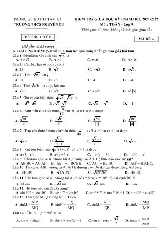 2 Đề kiểm tra giữa học kỳ I môn Toán Lớp 9 - Năm học 2021-2022 - Trường THCS Nguyễn Du - Mã đề A (Có đáp án)