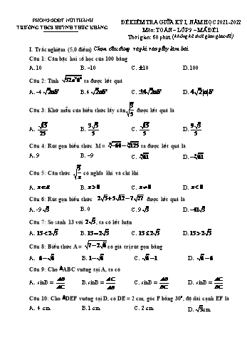 2 đề kiểm tra giữa kỳ I môn Toán Lớp 9 - Năm học 2021-2022 - Trường THCS Huỳnh Thúc Kháng (Có đáp án)