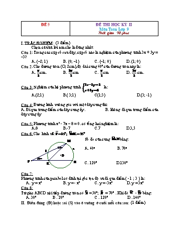 26 Đề thi học kỳ II môn Toán Lớp 9 - Đề 5 (Có đáp án)