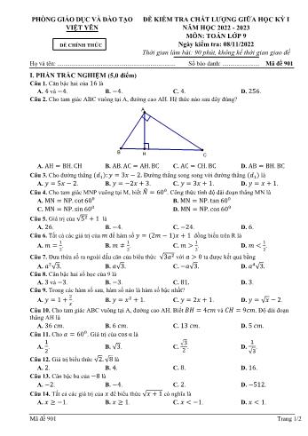 4 Đề kiểm tra chất lượng giữa học kỳ I môn Toán 9 - Năm học 2022-2023 - Phòng GD&ĐT Việt Yên - Mã đề 901 (Có đáp án)