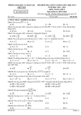 4 Đề kiểm tra chất lượng giữa học kỳ I môn Toán 9 - Năm học 2022-2023 - Phòng GD&ĐT Việt Yên - Mã đề 903 (Có đáp án)