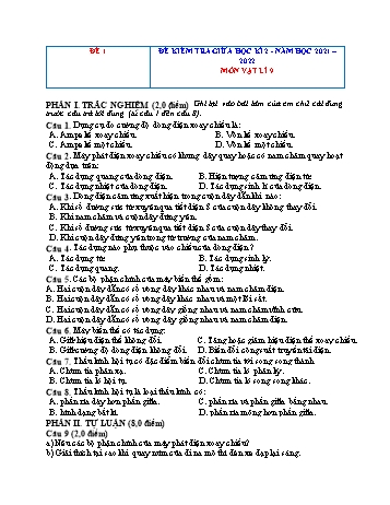 6 Đề kiểm tra giữa học kì 2 môn Vật lí Lớp 9 - Năm học 2021-2022 - Đề 1 (Có đáp án)
