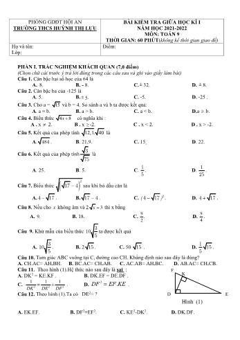 Bài kiểm tra giữa học kì I môn Toán Lớp 9 - Năm học 2021-2022 - Trường THCS Huỳnh Thị Lựu (Có đáp án)