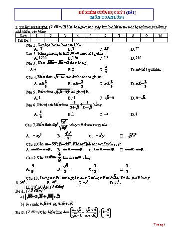 Bộ 10 đề kiểm tra giữa học kỳ I môn Toán Lớp 9 (Có đáp án)