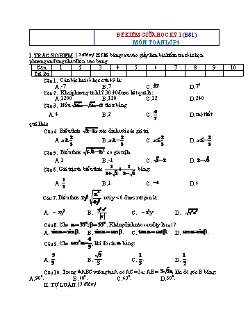 Bộ 10 đề kiểm tra giữa học kỳ I môn Toán Lớp 9 - Đề 1 (Có đáp án)