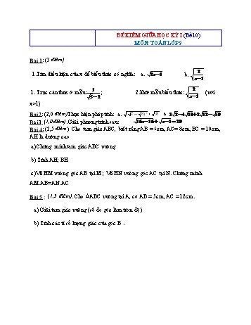 Bộ 10 đề kiểm tra giữa học kỳ I môn Toán Lớp 9 - Đề 10