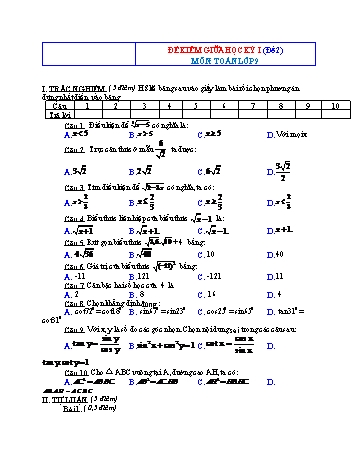 Bộ 10 đề kiểm tra giữa học kỳ I môn Toán Lớp 9 - Đề 2 (Có đáp án)