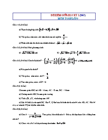 Bộ 10 đề kiểm tra giữa học kỳ I môn Toán Lớp 9 - Đề 3 (Có đáp án)