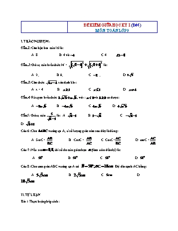 Bộ 10 đề kiểm tra giữa học kỳ I môn Toán Lớp 9 - Đề 6 (Có đáp án)