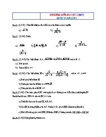 Bộ 10 đề kiểm tra giữa học kỳ I môn Toán Lớp 9 - Đề 7 (Có đáp án)