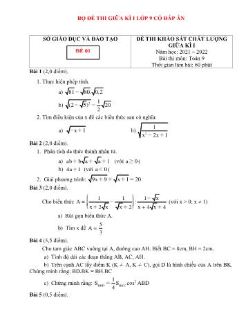 Bộ 10 đề thi khảo sát chất lượng giữa kì I môn Toán Lớp 9 - Năm học 2021-2022 (Có đáp án)