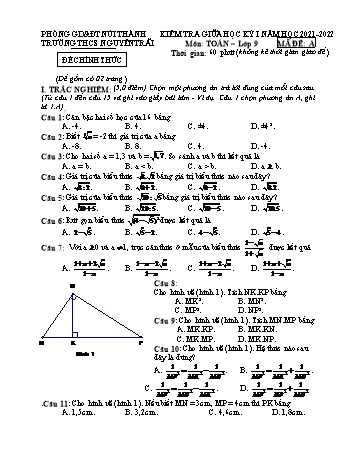 Bộ 2 đề kiểm tra giữa học kỳ I môn Toán học Lớp 9 - Năm học 2021-2022 - Trường THCS Nguyễn Trãi (Có đáp án)
