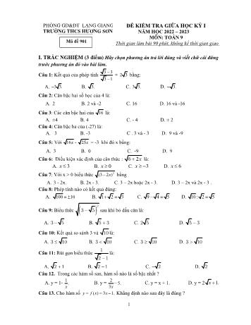Bộ 2 đề kiểm tra giữa học kỳ I môn Toán Lớp 9 - Năm học 2021-2022 - Trường THCS Hương Sơn (Có đáp án)