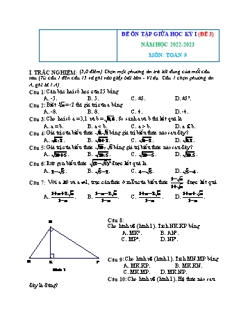Bộ 4 đề ôn tập giữa học kỳ I môn Toán Lớp 9 - Năm học 2022-2023 - Đề 3 (Có đáp án)