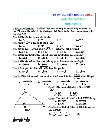 Bộ 4 đề ôn tập giữa học kỳ I môn Toán Lớp 9 - Năm học 2022-2023 - Đề 2 (Có đáp án)