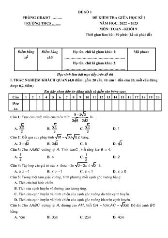 Bộ 5 đề kiểm tra giữa học kì I môn Toán Lớp 9 - Năm học 2022-2023 (Có đáp án)