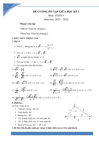 Đề cương ôn tập giữa học kỳ I môn Toán Lớp 9 - Năm học 2021-2022 (Có đáp án)