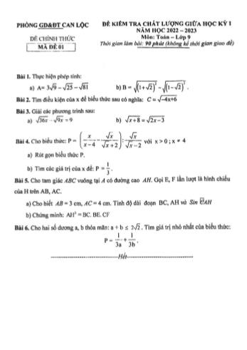 Đề khảo sát chất lượng giữa học kì I môn Toán Lớp 9 - Năm học 2022-2023 - Phòng GD&ĐT Can Lộc