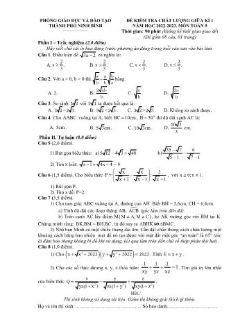 Đề kiểm tra chất lượng giữa học kỳ I môn Toán Lớp 9 - Năm học 2022-2023 - Phòng GD&ĐT Thành phố Ninh Bình (Có đáp án)