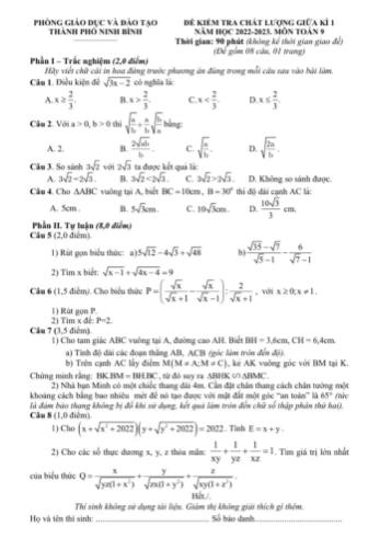 Đề kiểm tra chất lượng giữa kì 1 môn Toán Lớp 9 - Năm học 2022-2023 - Phòng GD&ĐT Thành phố Ninh Bình