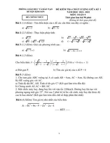 Đề kiểm tra chất lượng giữa kì I môn Toán Lớp 9 - Năm học 2021-2022 - Phòng GD&ĐT huyện Kim Sơn (Có đáp án)