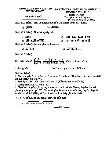 Đề kiểm tra chất lượng giữa kì I môn Toán Lớp 9 - Năm học 2021-2022 - Phòng GD&ĐT Kim Sơn (Có đáp án)