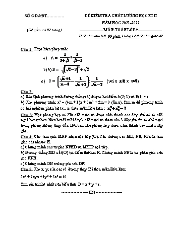 Đề kiểm tra chất lượng học kì II môn Toán Lớp 9 - Năm học 2021-2022 (Có đáp án)