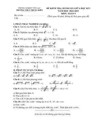 Đề kiểm tra, đánh giá giữa học kì I môn Toán Lớp 9 - Năm học 2022-2023 - Trường THCS Trung Kiên (Có đáp án)