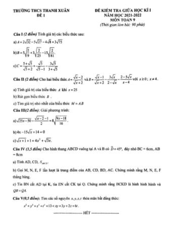 Đề kiểm tra giữa học kì 1 môn Toán Lớp 9 - Năm học 2021-2022 - Trường THCS Thanh Xuân