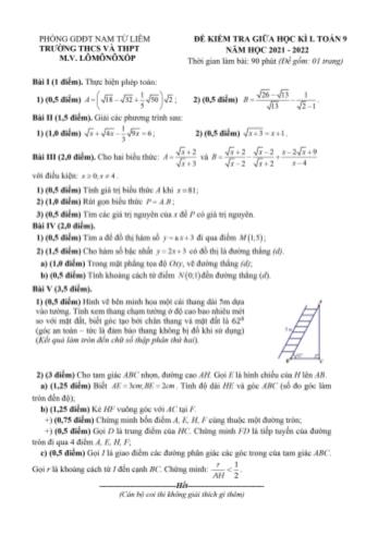 Đề kiểm tra giữa học kì I môn Toán Lớp 9 - Năm học 2021-2022 - Trường M.V. Lômônôxốp-Hà Nội
