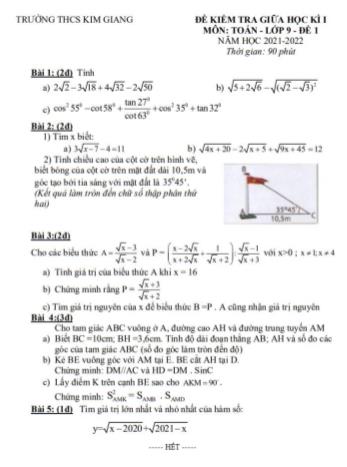 Đề kiểm tra giữa học kì I môn Toán Lớp 9 - Năm học 2021-2022 - Trường THCS Kim Giang