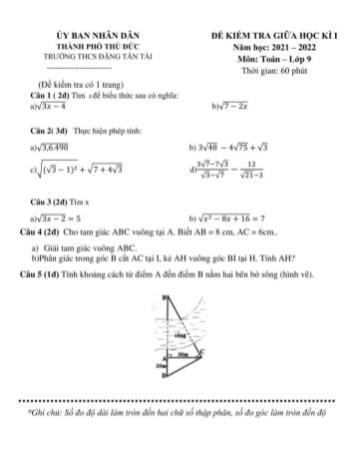 Đề kiểm tra giữa học kì I môn Toán Lớp 9 - Năm học 2021-2022 - Trường THCS Đặng Tấn Tài