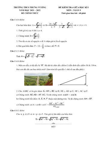 Đề kiểm tra giữa học kì I môn Toán Lớp 9 - Năm học 2021-2022 - Trường THCS Trưng Vương (Có đáp án)