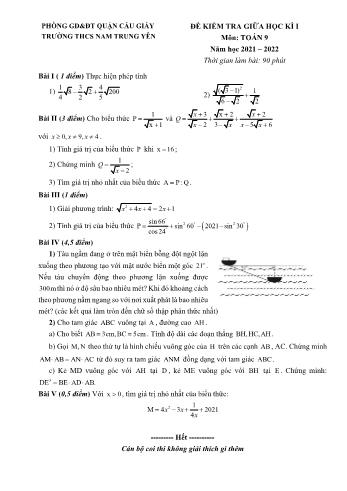 Đề kiểm tra giữa học kì I môn Toán Lớp 9 - Năm học 2021-2022 - Trường THCS Nam Trung Yên