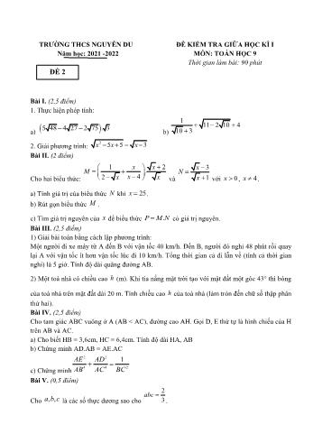Đề kiểm tra giữa học kì I môn Toán Lớp 9 - Năm học 2021-2022 - Trường THCS Nguyễn Du - Đề 2 (Có đáp án)