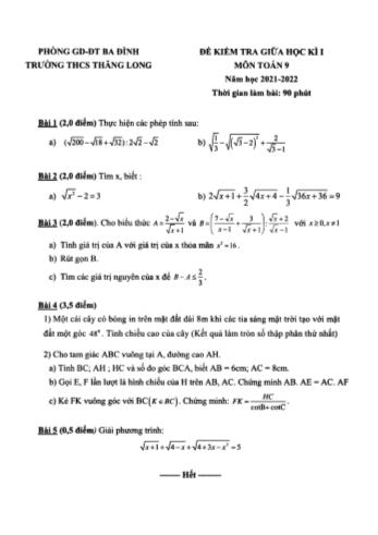 Đề kiểm tra giữa học kì I môn Toán Lớp 9 - Năm học 2021-2022 - Trường THCS Thăng Long