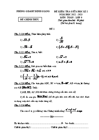 Đề kiểm tra giữa học kì I môn Toán Lớp 9 - Năm học 2022-2023 - Phòng GD&ĐT Bình Giang (Có đáp án)