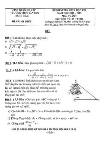 Đề kiểm tra giữa học kì I môn Toán Lớp 9 - Năm học 2022-2023 - Trường THCS Tân Sơn