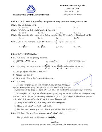 Đề kiểm tra giữa học kì I môn Toán Lớp 9 - Năm học 2022-2023 - Trường THCS & THPT Lương Thế Vinh (Có đáp án)