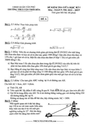 Đề kiểm tra giữa học kì I môn Toán Lớp 9 - Năm học 2022-2023 - Trường THCS Tân Thới Hòa
