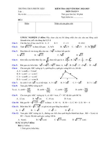 Đề kiểm tra giữa học kì I môn Toán Lớp 9 - Năm học 2022-2023 - Trường THCS Phước Hậu (Có đáp án)