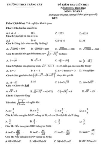 Đề kiểm tra giữa học kì I môn Toán Lớp 9 - Năm học 2022-2023 - Trường THCS Tràng Cát (Có đáp án)