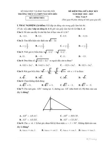 Đề kiểm tra giữa học kì I môn Toán Lớp 9 - Năm học 2022-2023 - Trường THCS & THPT Nguyễn Siêu