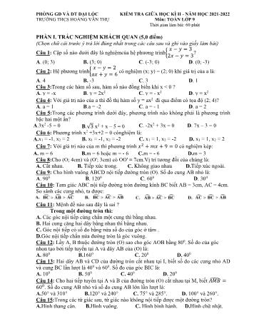 Đề kiểm tra giữa học kì II môn Toán Lớp 9 - Năm học 2021-2022 - Trường THCS Hoàng Văn Thụ (Kèm hướng dẫn chấm)