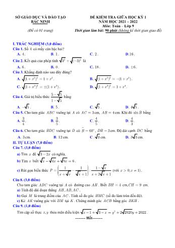 Đề kiểm tra giữa học kỳ 1 môn Toán Lớp 9 - Năm học 2021-2022 - Sở GD&ĐT Bắc Ninh (Có đáp án)