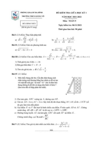 Đề kiểm tra giữa học kỳ 1 môn Toán Lớp 9 - Năm học 2021-2022 - Trường THCS Giảng Võ