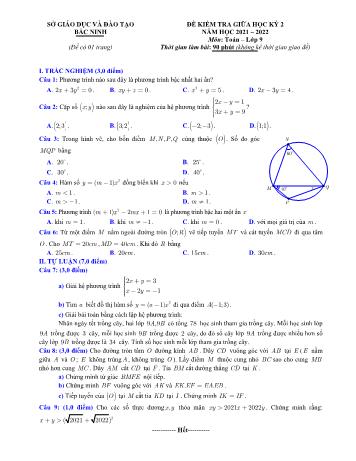 Đề kiểm tra giữa học kỳ 2 môn Toán Lớp 9 - Năm học 2021-2022 - Sở Giáo dục và Đào tạo Bắc Ninh (Kèm hướng dẫn chấm)
