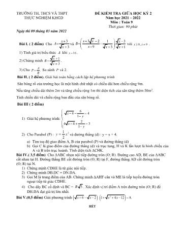 Đề kiểm tra giữa học kỳ 2 môn Toán Lớp 9 - Năm học 2021-2022 - Trường TH, THCS và THPT Thực nghiệm KHGD (Có đáp án)