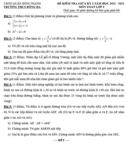 Đề kiểm tra giữa học kỳ 2 môn Toán Lớp 9 - Năm học 2021-2022 - Trường THCS Đống Đa